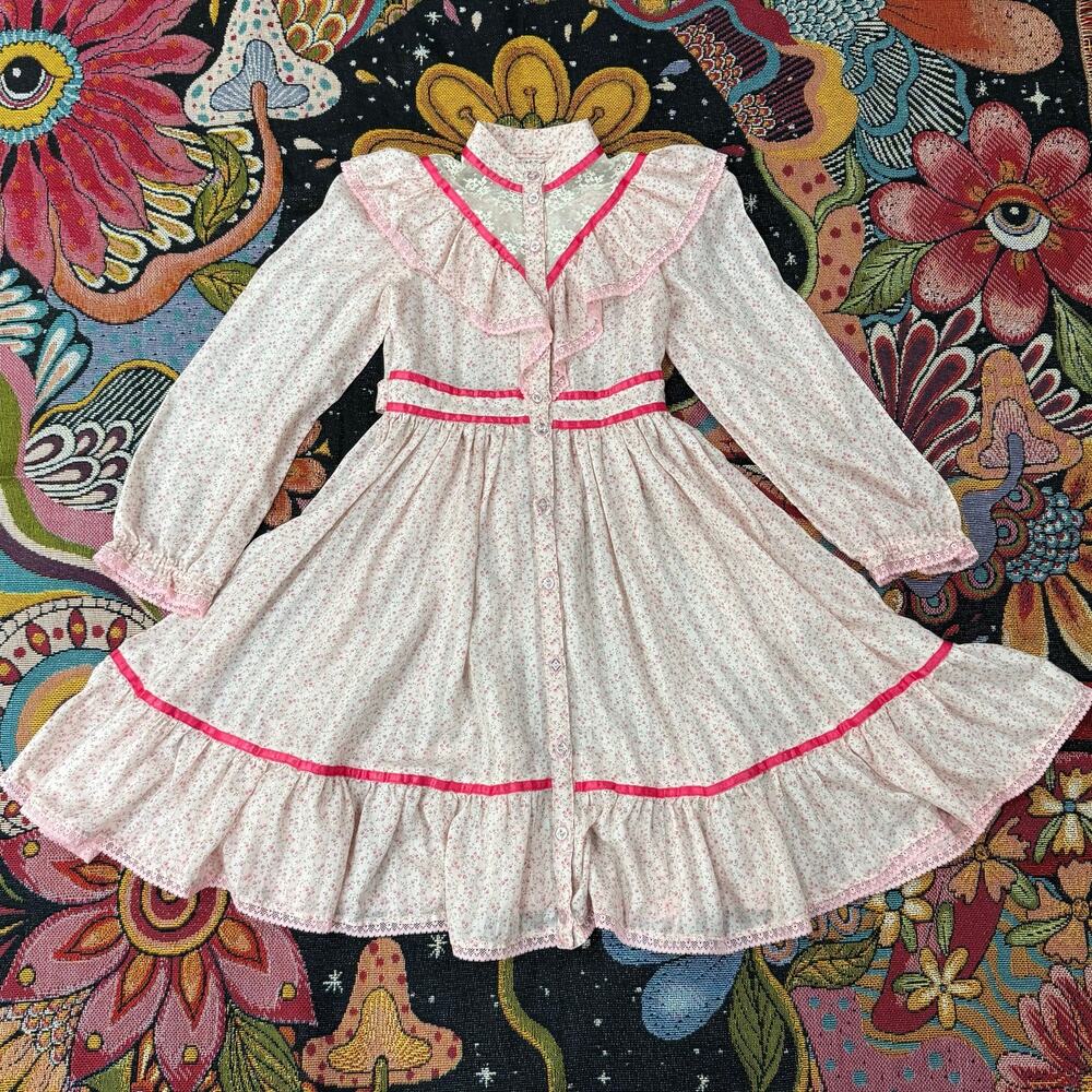 Vintage 70s Handmade Girls Gunne Sax Pattern Floral Dress Cottage Prairie M L